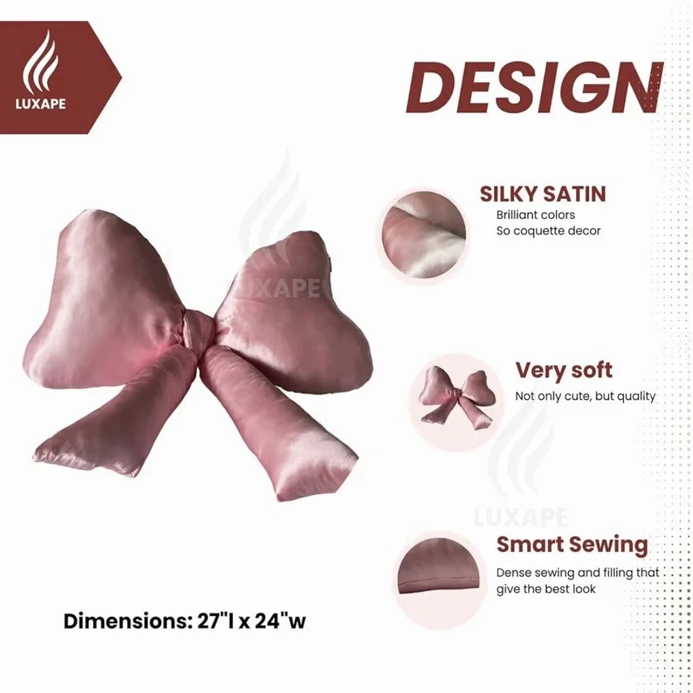 Bow Pillow - Big Bow Throw Pillow‎ - Bow Shaped Pillow - Silky Satin - Pink